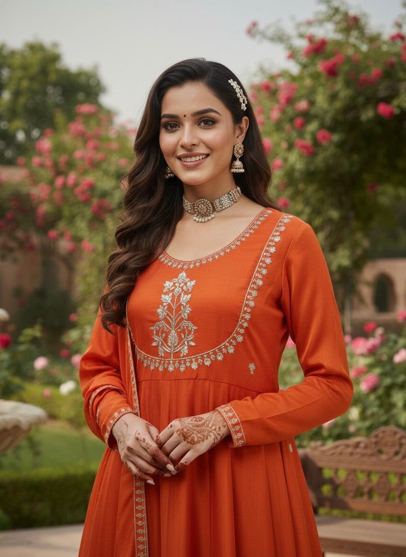 Liva Rust Orange Cotton Embroidered Anarkali Kurta Set