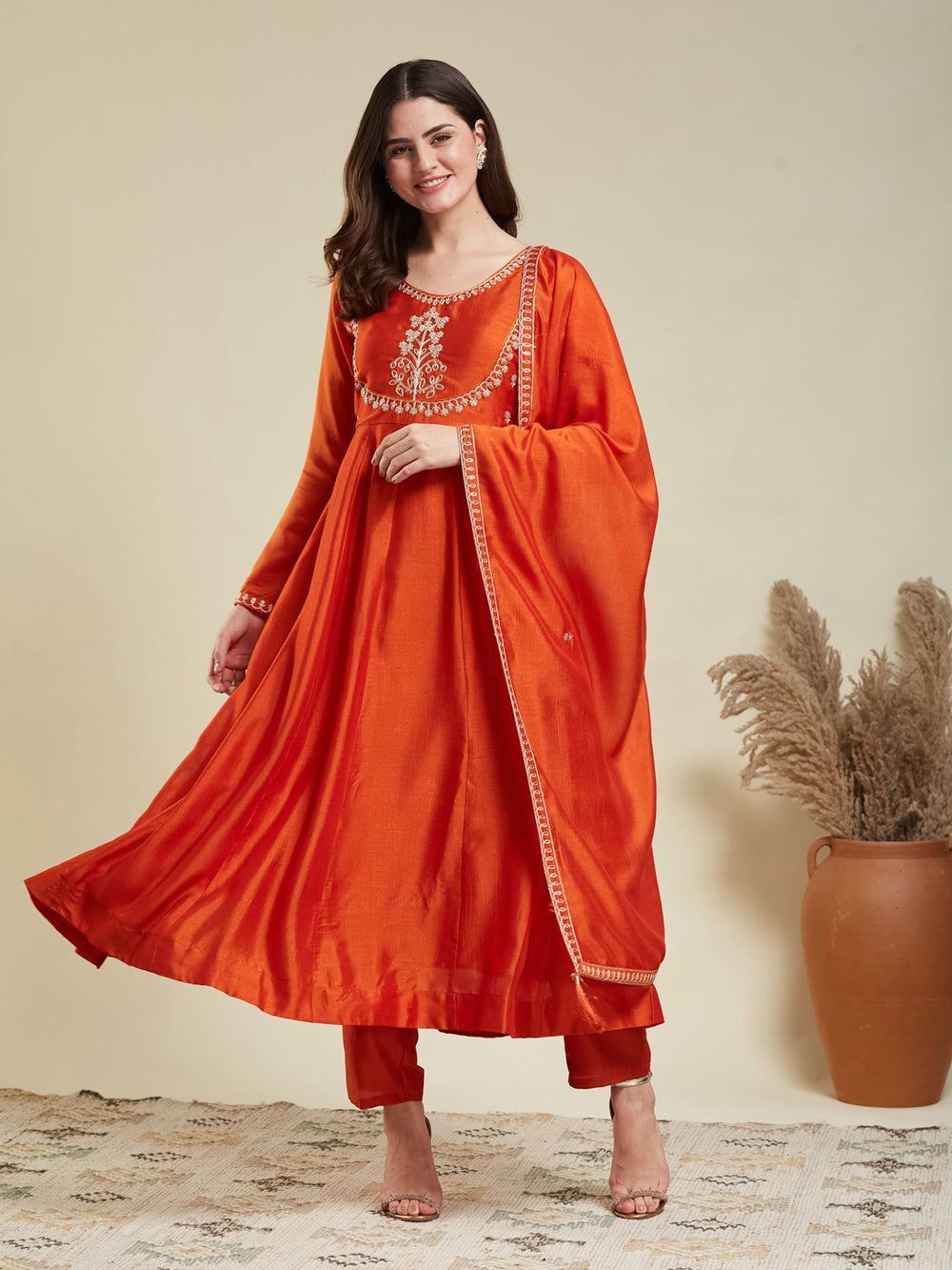 Liva Rust Orange Cotton Embroidered Anarkali Kurta Set