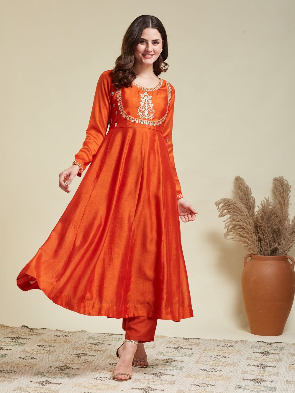 Liva Rust Orange Cotton Embroidered Anarkali Kurta Set