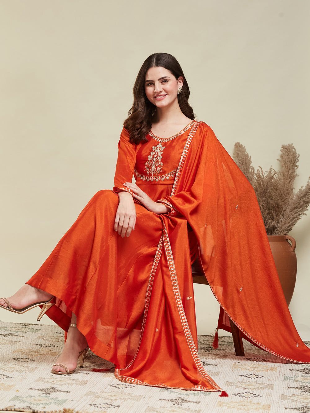 Liva Rust Orange Cotton Embroidered Anarkali Kurta Set