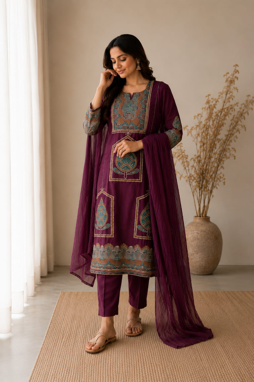 Aashna Premium Wine Plum Cotton Handwork Kurta Set