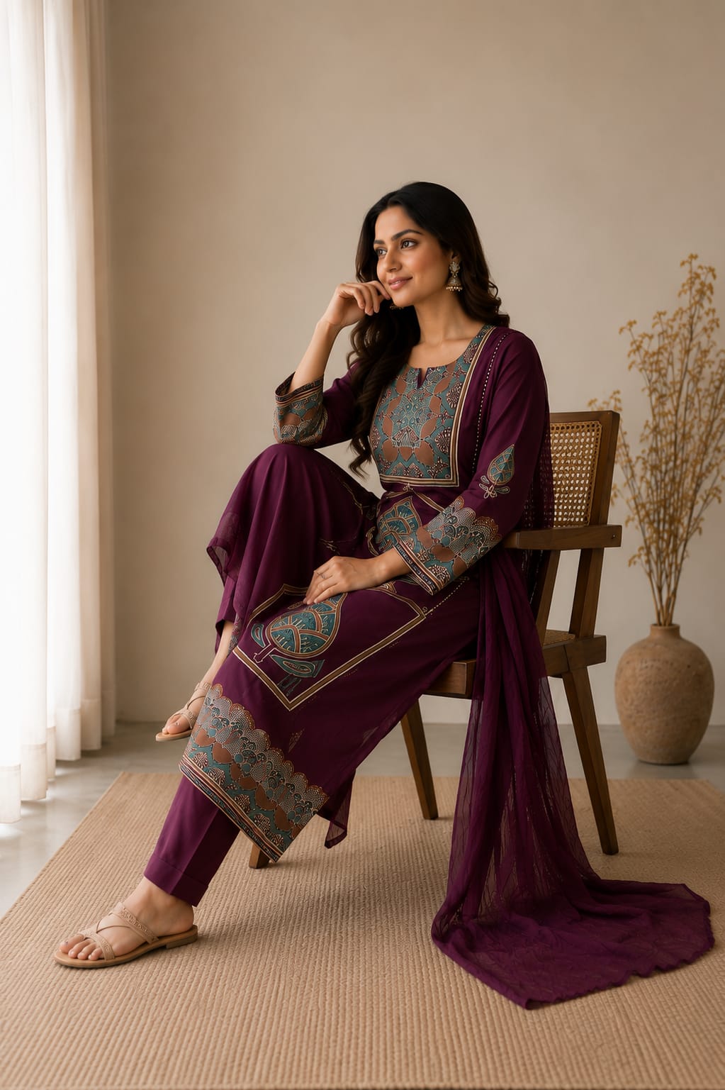 Aashna Premium Wine Plum Cotton Handwork Kurta Set