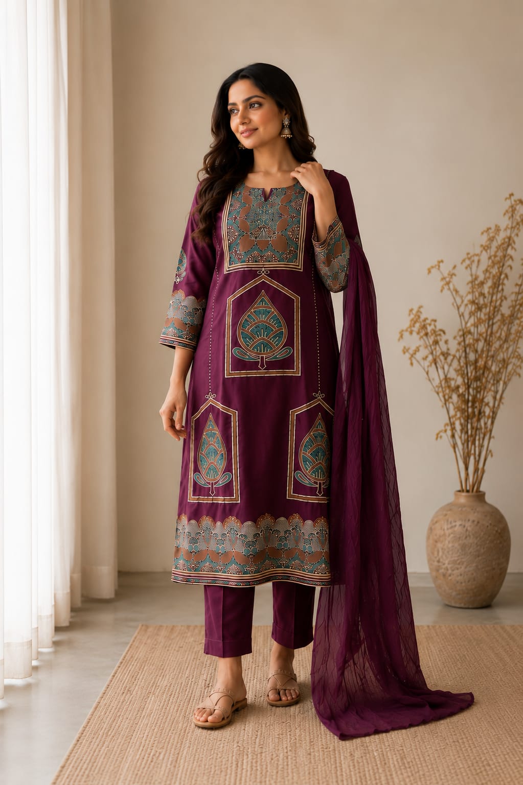 Aashna Premium Wine Plum Cotton Handwork Kurta Set