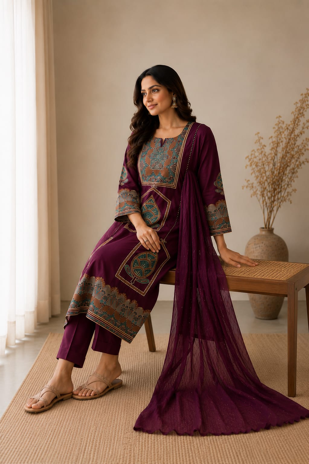 Aashna Premium Wine Plum Cotton Handwork Kurta Set