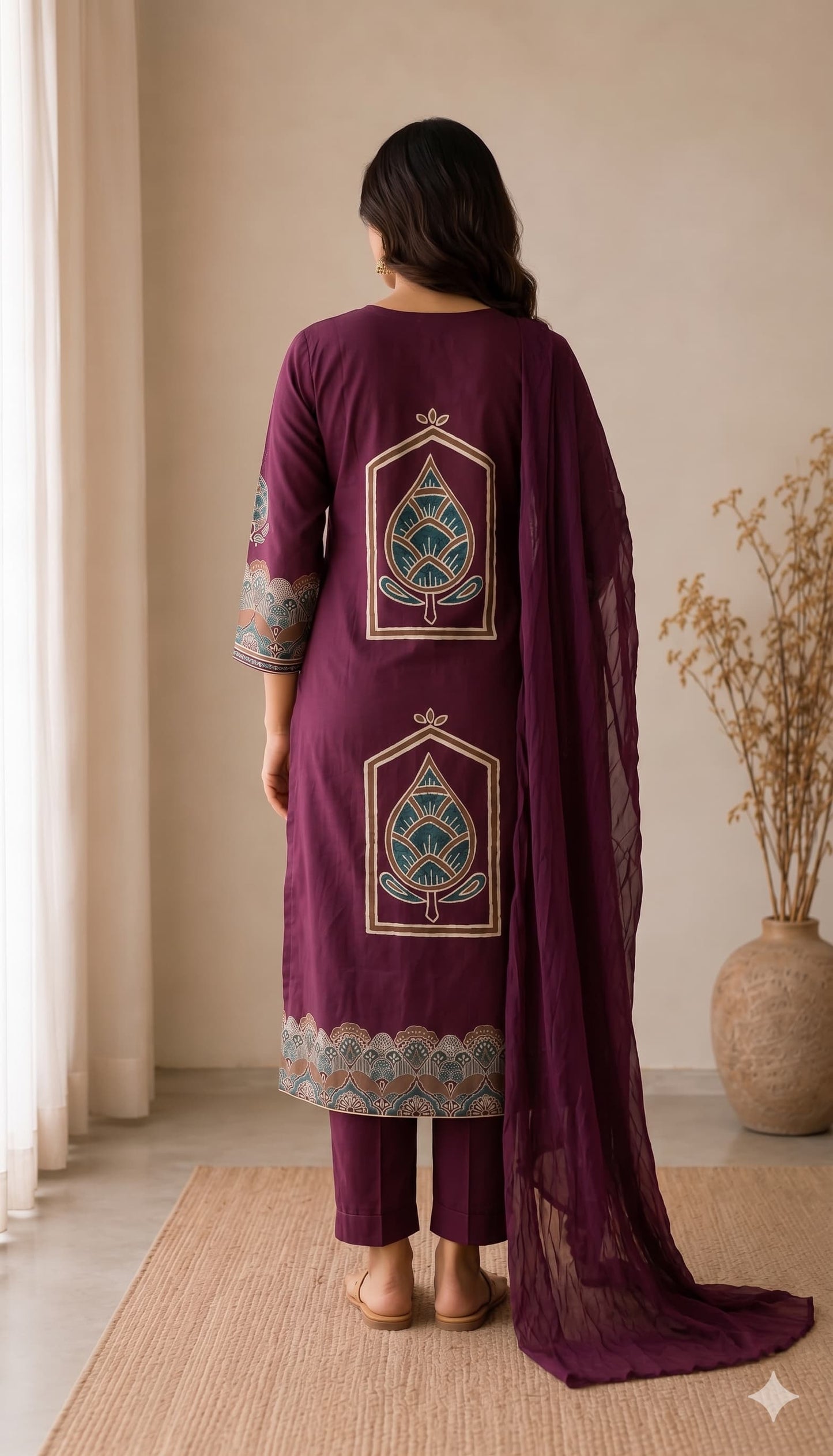 Aashna Premium Wine Plum Cotton Handwork Kurta Set