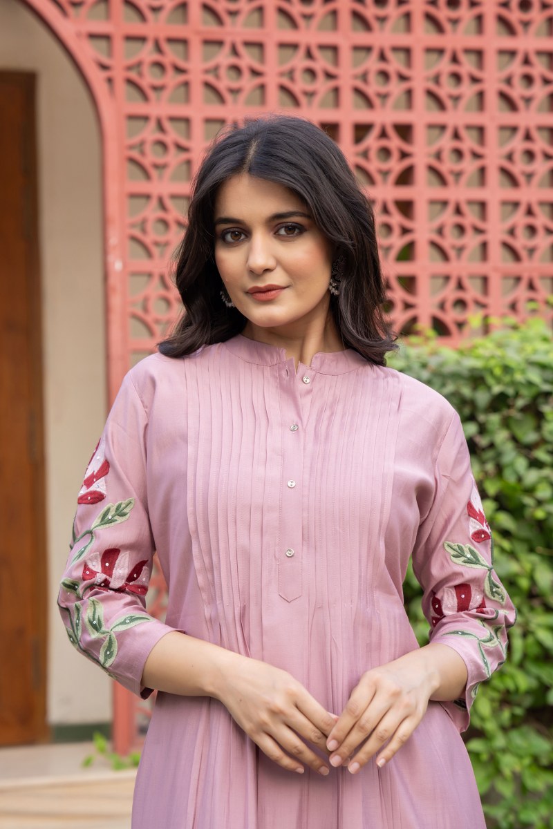 Nellie Floral Embroidered Pure Cotton Pin-Tucked Kurta and Pant Set