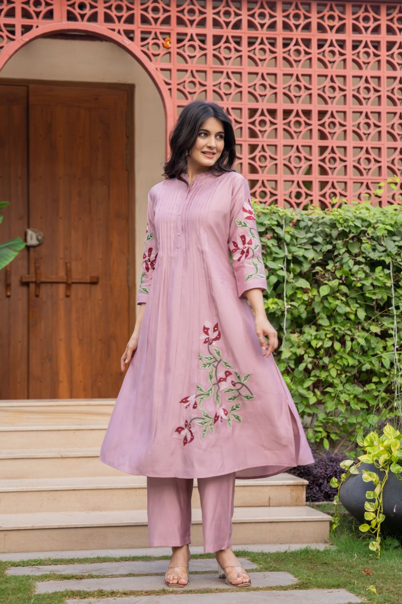 Nellie Floral Embroidered Pure Cotton Pin-Tucked Kurta and Pant Set