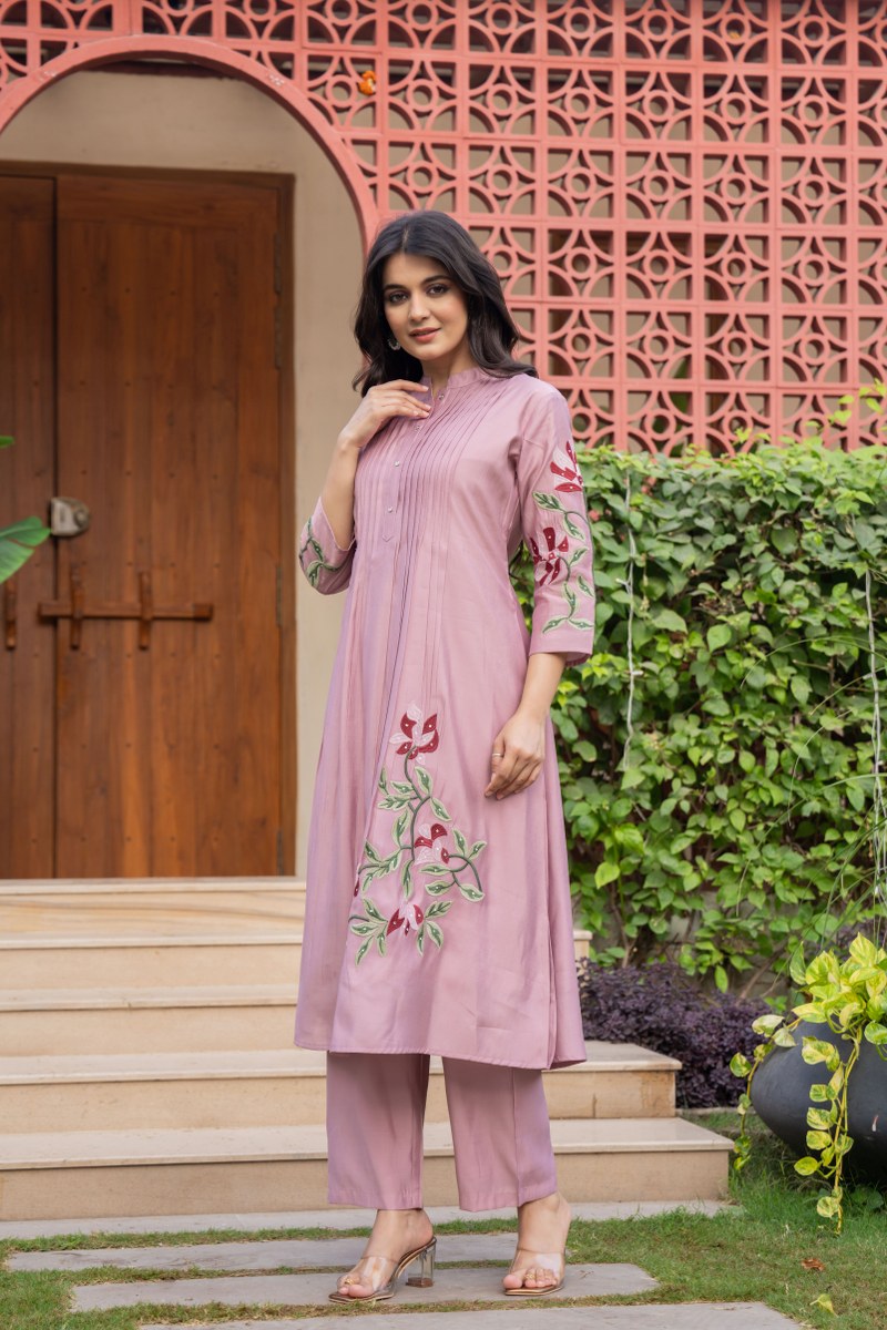 Nellie Floral Embroidered Pure Cotton Pin-Tucked Kurta and Pant Set