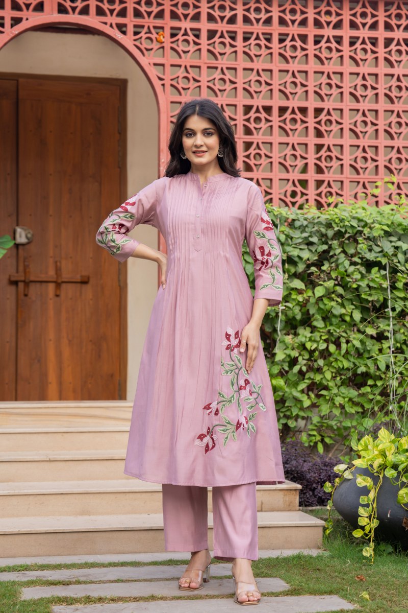 Nellie Floral Embroidered Pure Cotton Pin-Tucked Kurta and Pant Set