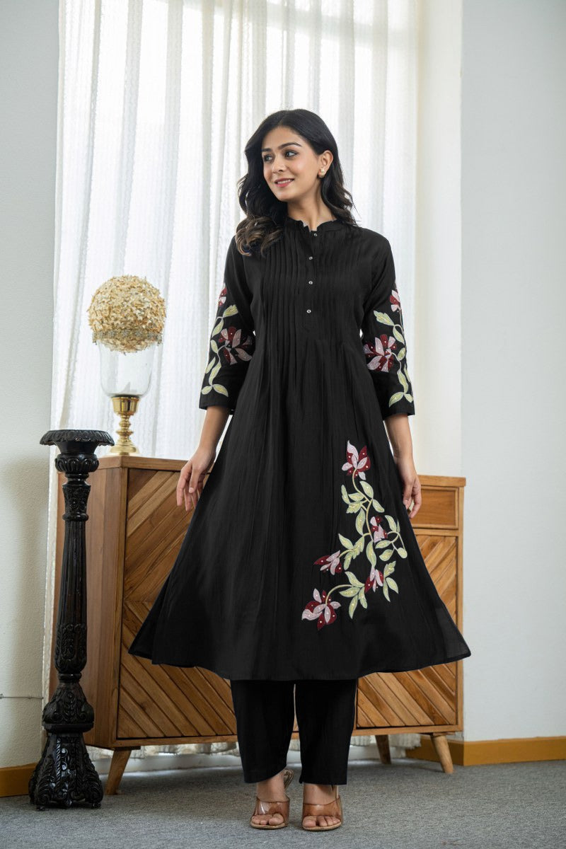 Nellie Floral Embroidered Pure Cotton Pin-Tucked Kurta and Pant Set