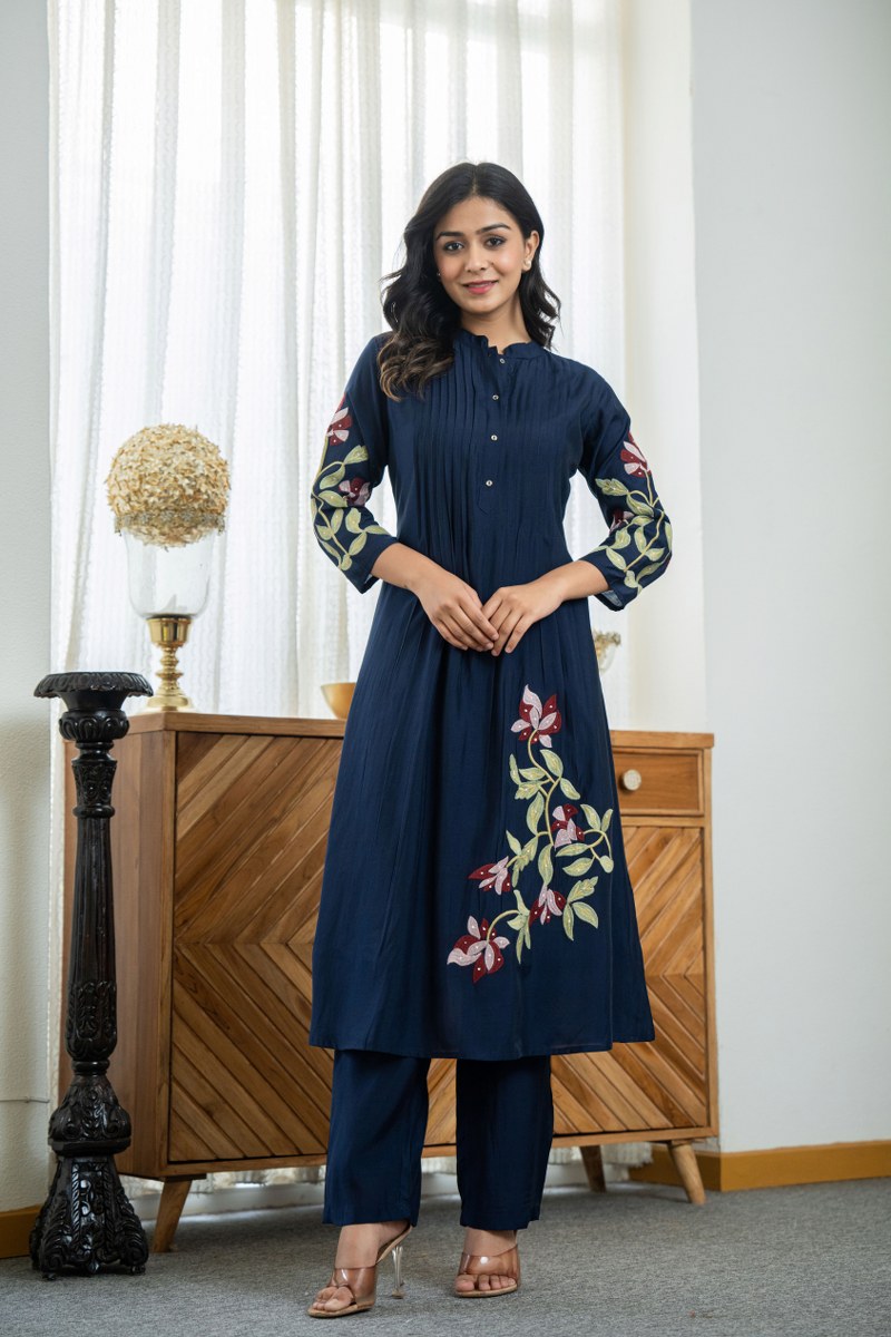 Nellie Floral Embroidered Pure Cotton Pin-Tucked Kurta and Pant Set