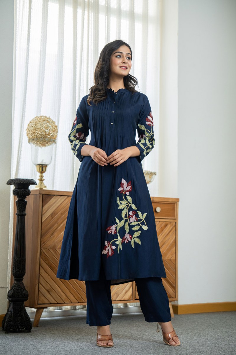 Nellie Floral Embroidered Pure Cotton Pin-Tucked Kurta and Pant Set