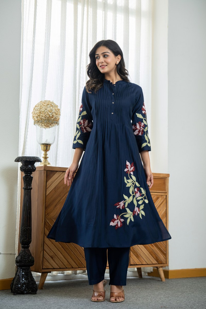 Nellie Floral Embroidered Pure Cotton Pin-Tucked Kurta and Pant Set