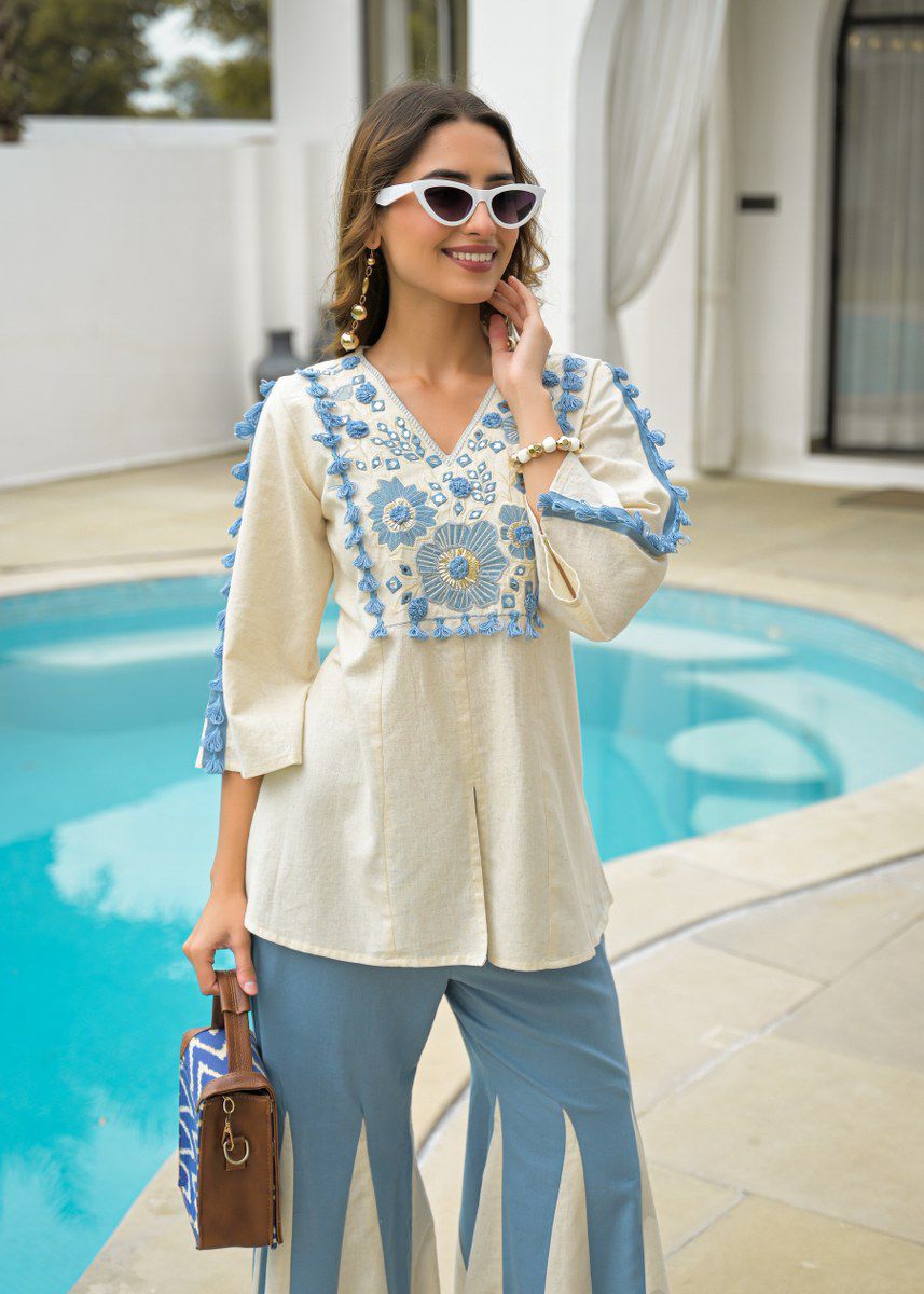 The Zara Embroidered Top with Flared Kali Pants Cotton Co-Ord Set