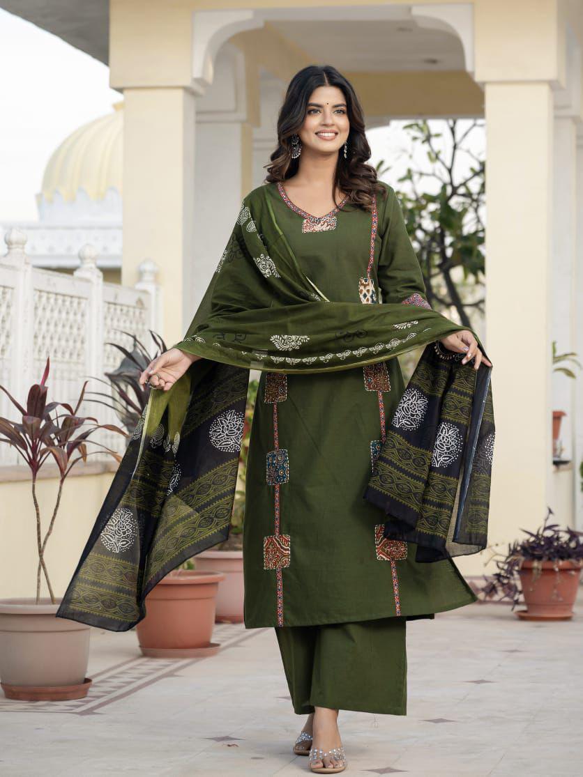 Shanaya Olive Green Cotton flex Trousers Set with Patchwork and Hand Kantha Work