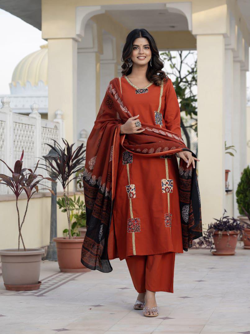 Ahana Rust Orange Cotton Flex Trousers Set with Patchwork and Hand Kantha Work