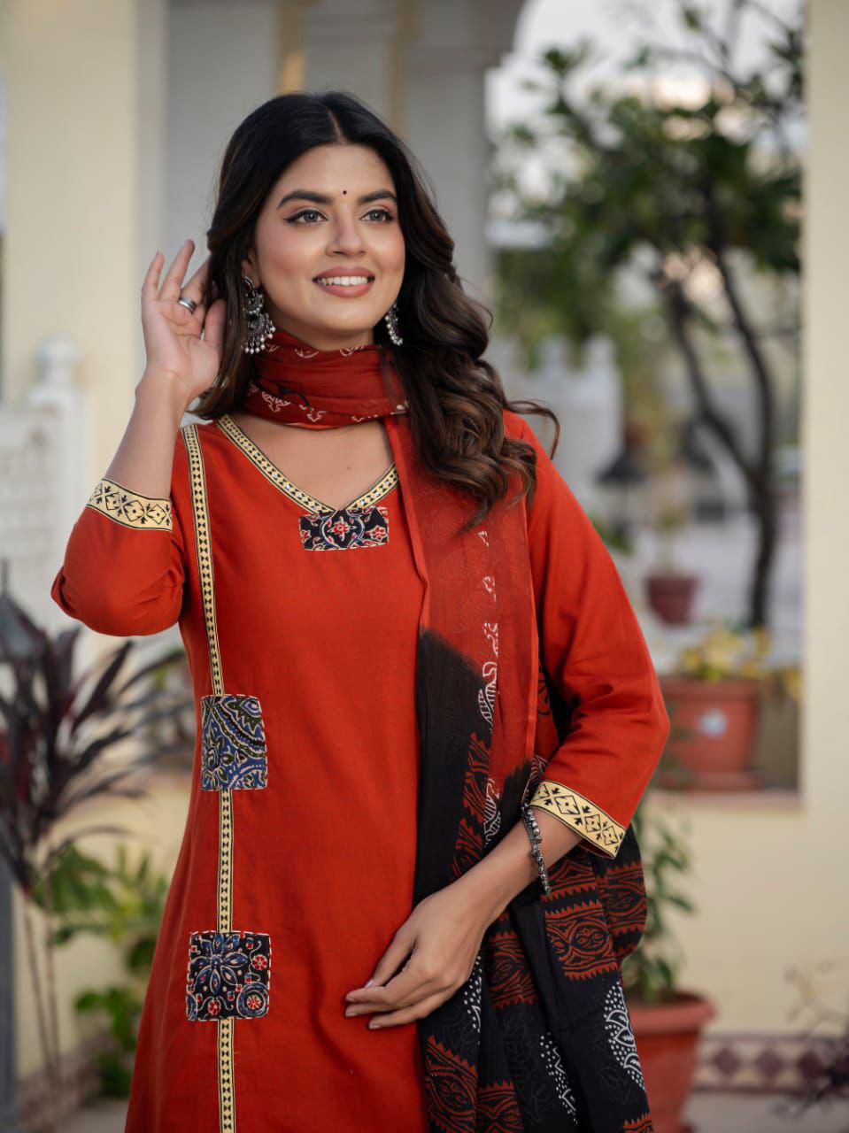 Ahana Rust Orange Cotton Flex Trousers Set with Patchwork and Hand Kantha Work