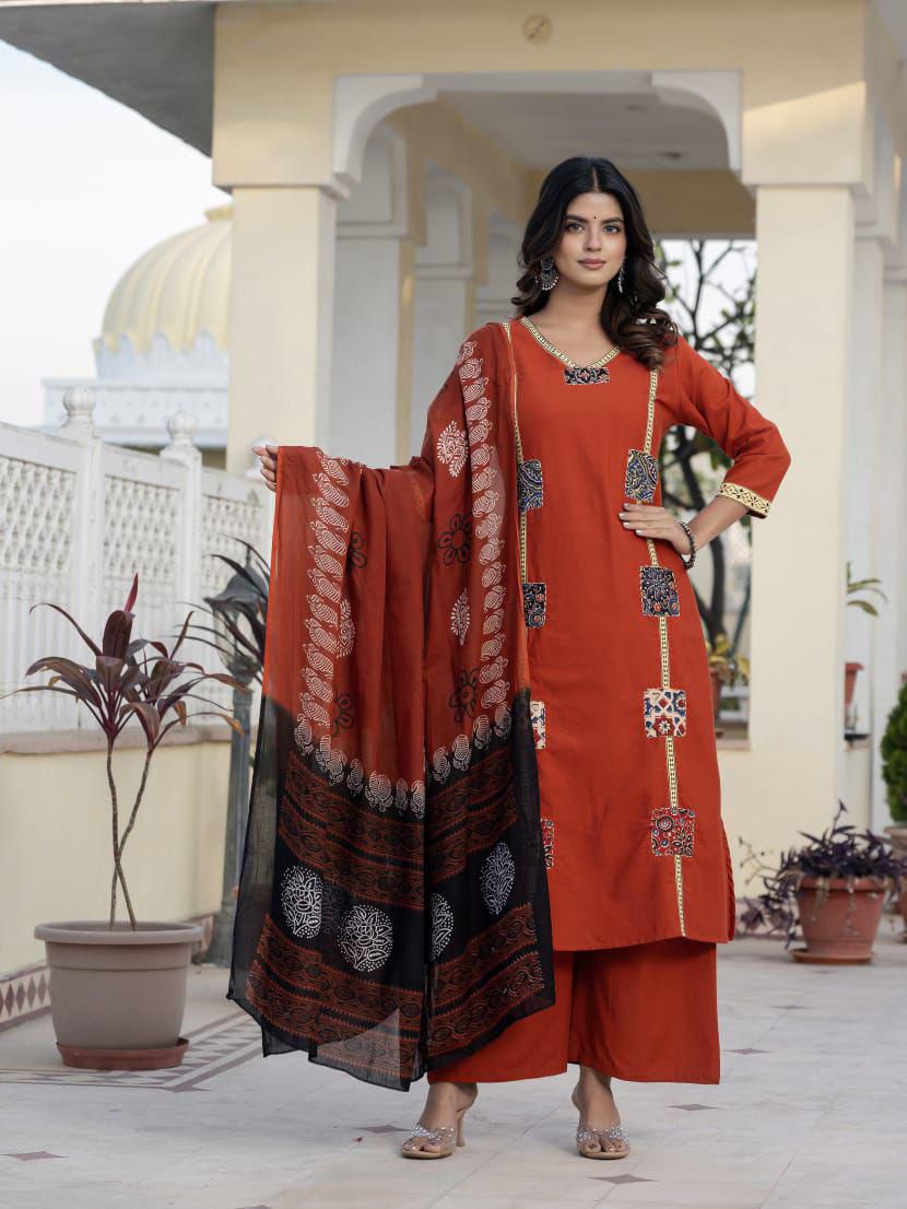 Ahana Rust Orange Cotton Flex Trousers Set with Patchwork and Hand Kantha Work