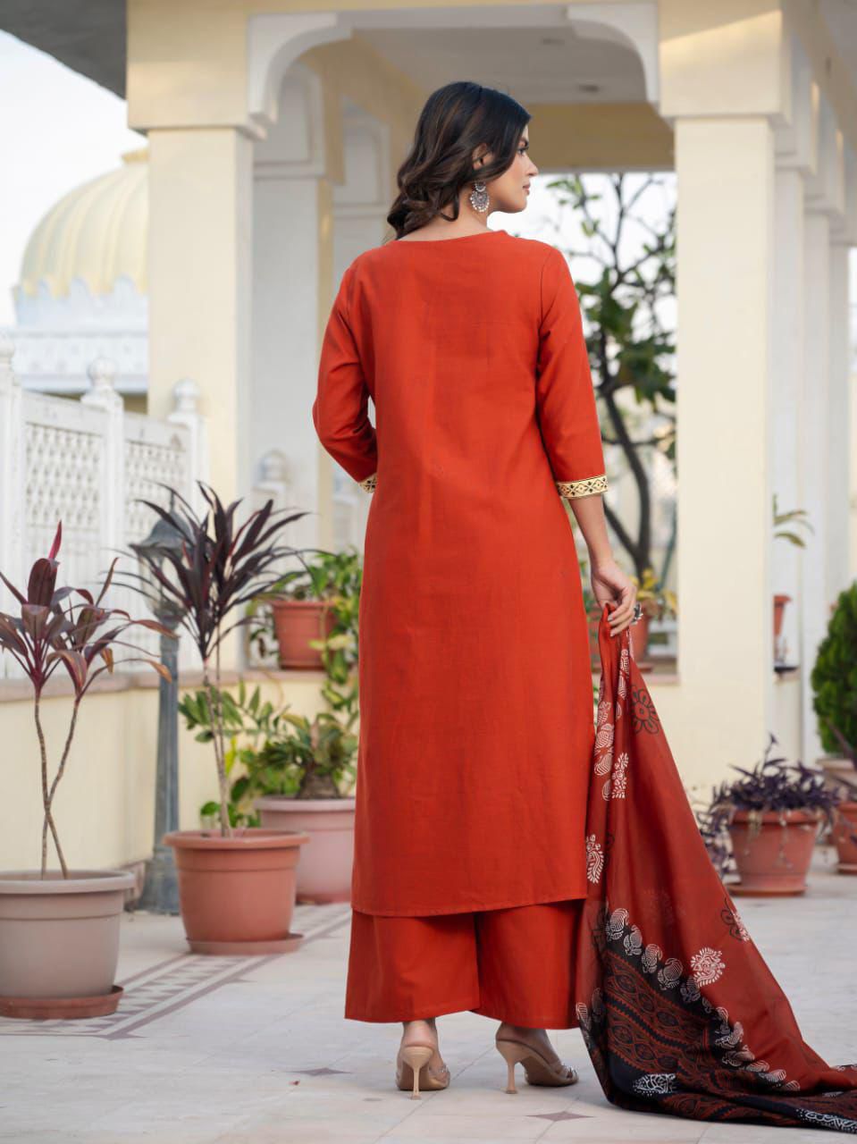 Ahana Rust Orange Cotton Flex Trousers Set with Patchwork and Hand Kantha Work