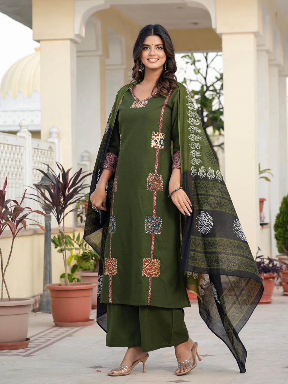 Shanaya Olive Green Cotton flex Trousers Set with Patchwork and Hand Kantha Work