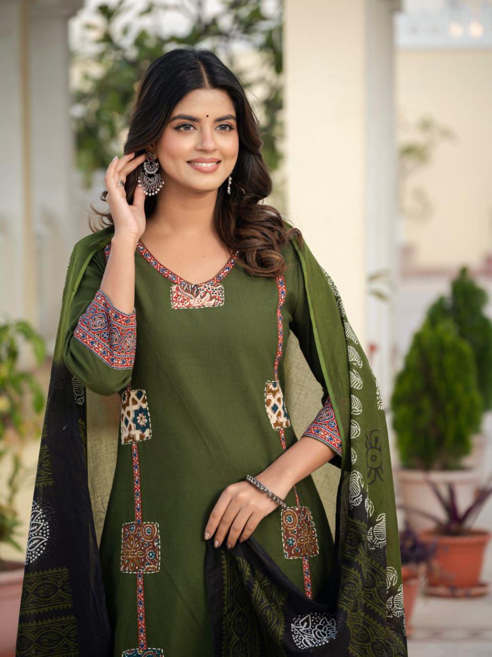 Shanaya Olive Green Cotton flex Trousers Set with Patchwork and Hand Kantha Work