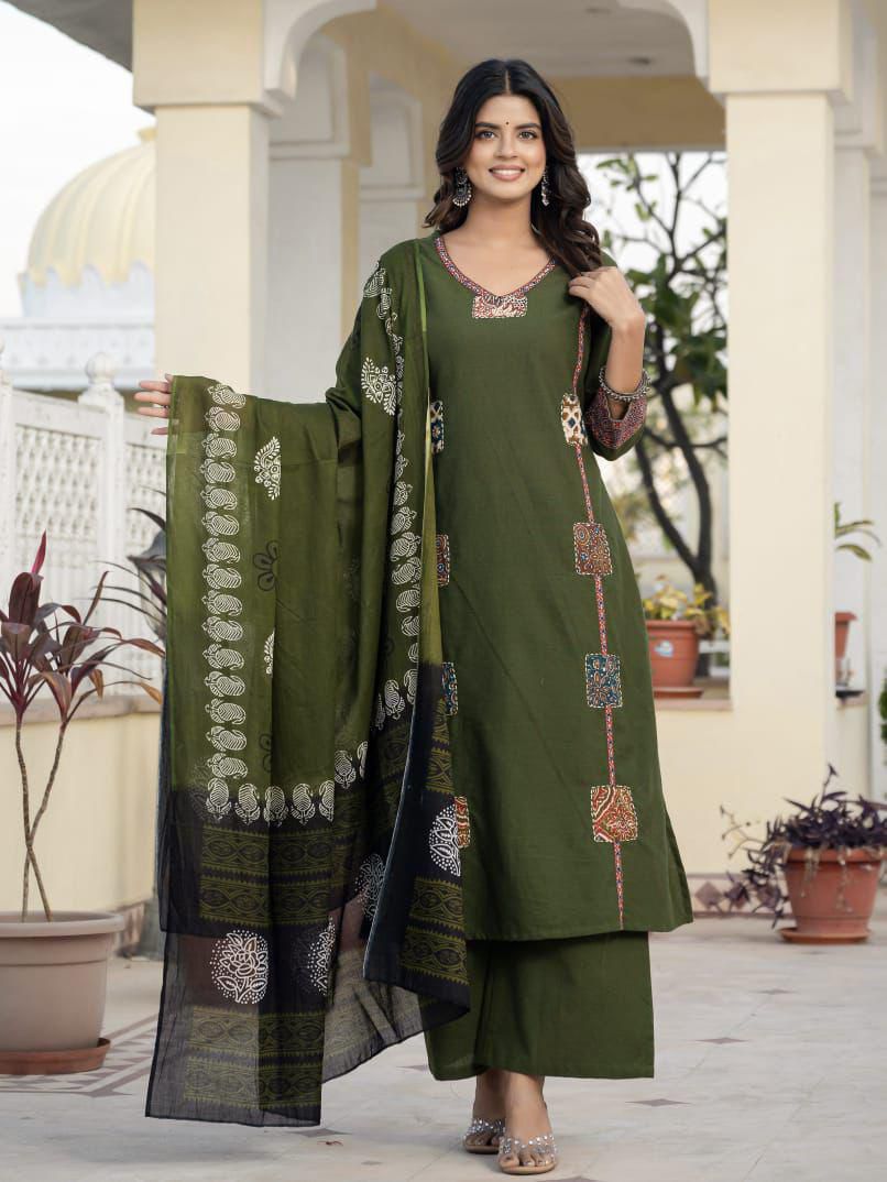 Shanaya Olive Green Cotton flex Trousers Set with Patchwork and Hand Kantha Work