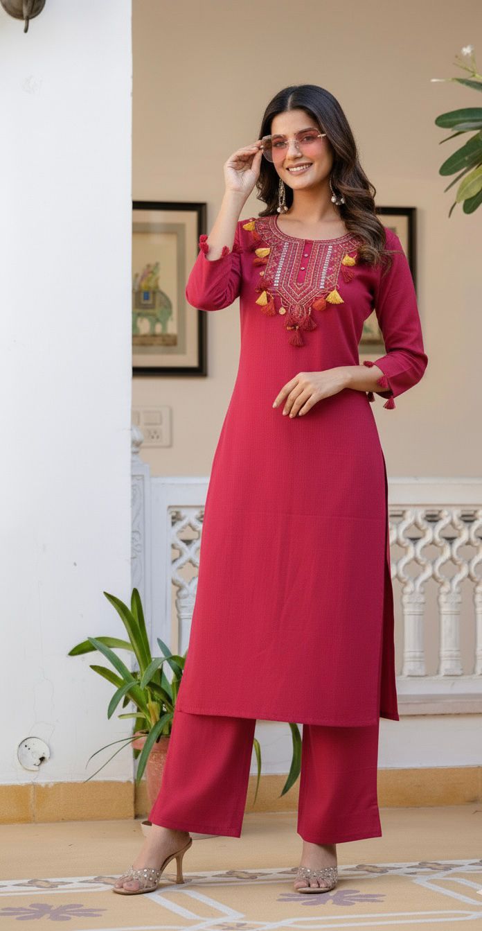 Pia Traditional Festive Gujrati-Style Embroidered Kurti Palazzo Co-ord Set for Women