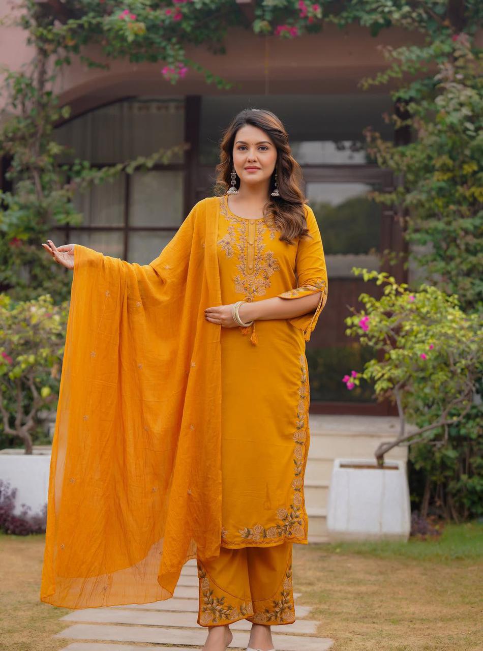 Navya Mustard Yellow Pure Cotton Suit Set with Detailed Border Embroidery & Palazzo
