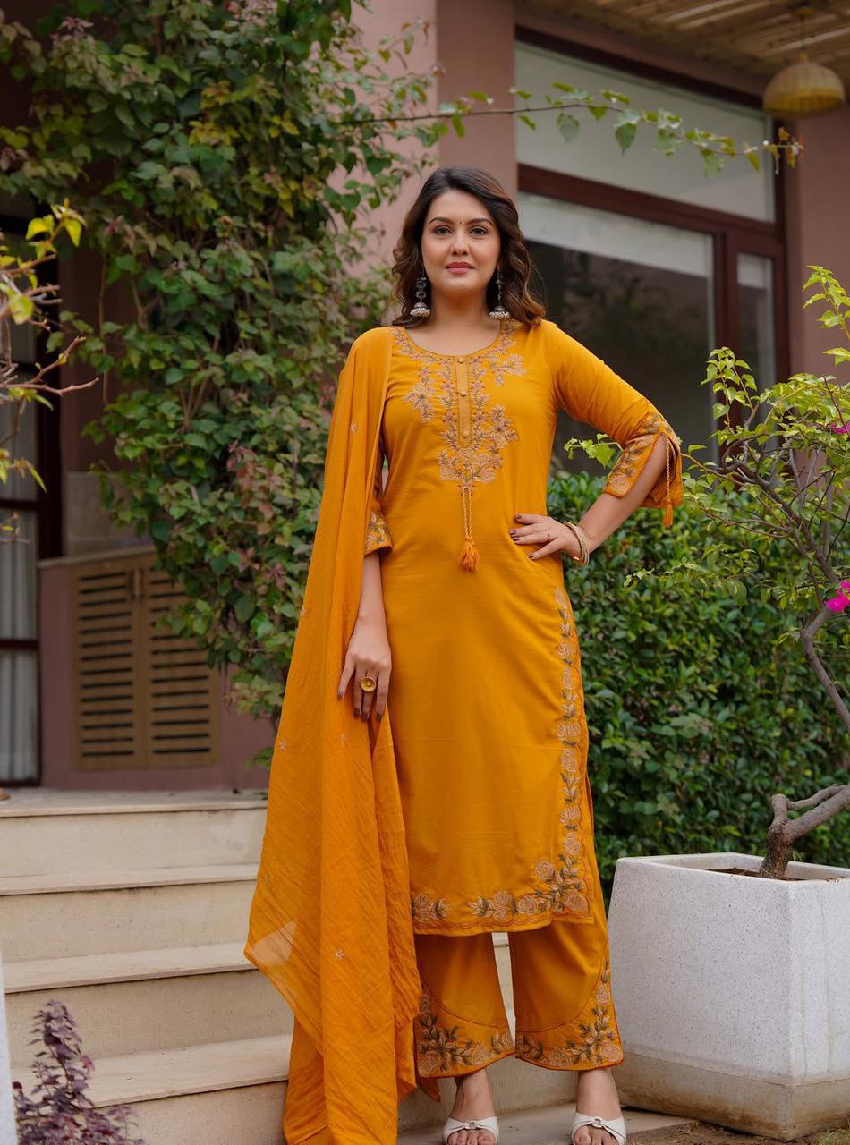 Navya Mustard Yellow Pure Cotton Suit Set with Detailed Border Embroidery & Palazzo