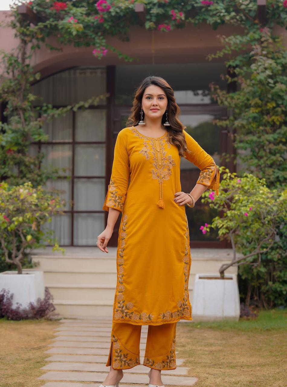 Navya Mustard Yellow Pure Cotton Suit Set with Detailed Border Embroidery & Palazzo