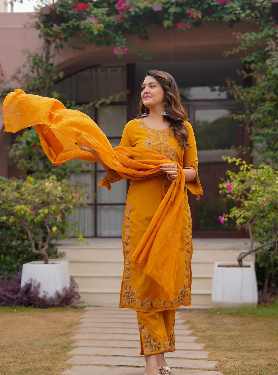 Navya Mustard Yellow Pure Cotton Suit Set with Detailed Border Embroidery & Palazzo