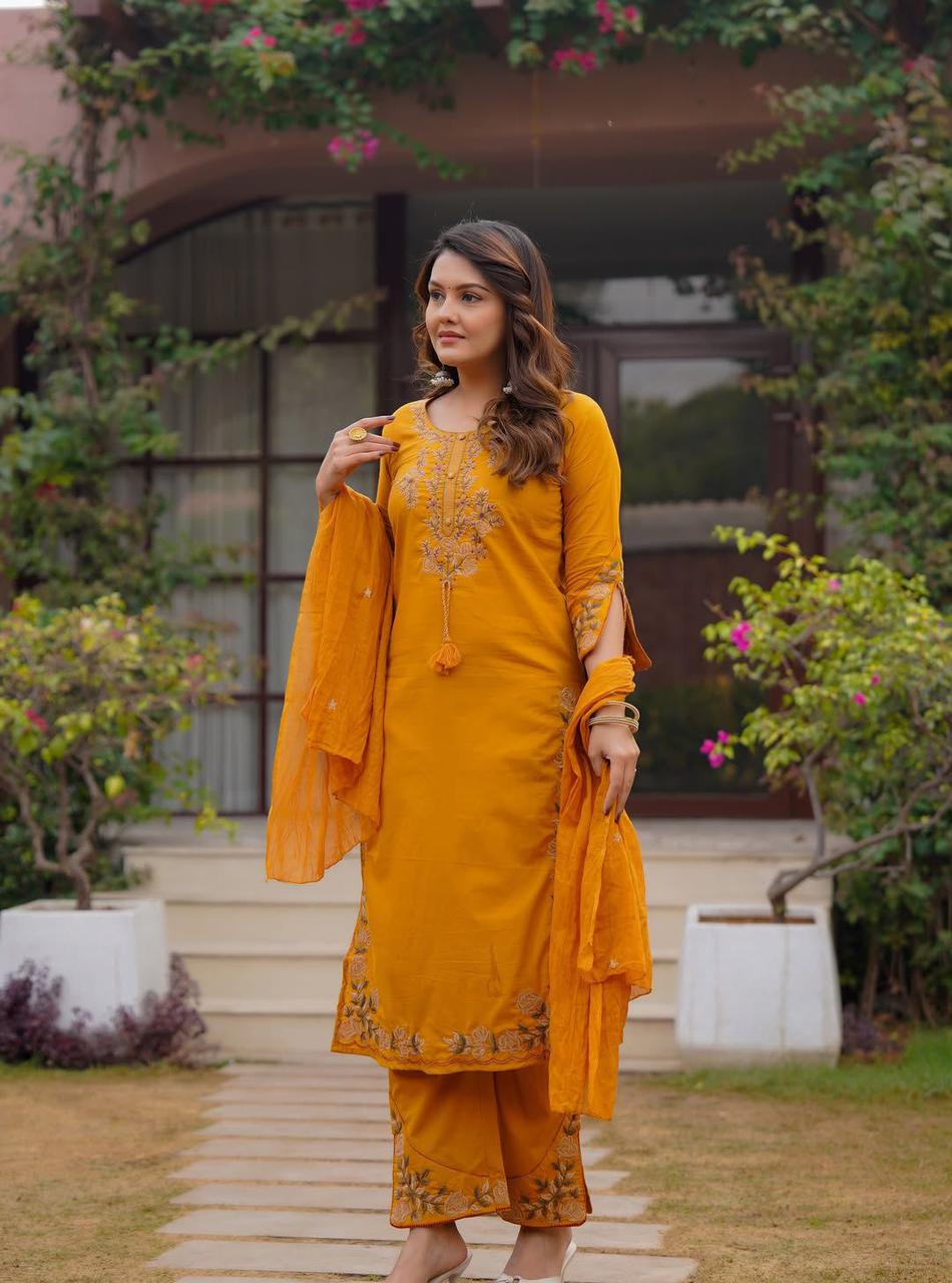 Navya Mustard Yellow Pure Cotton Suit Set with Detailed Border Embroidery & Palazzo