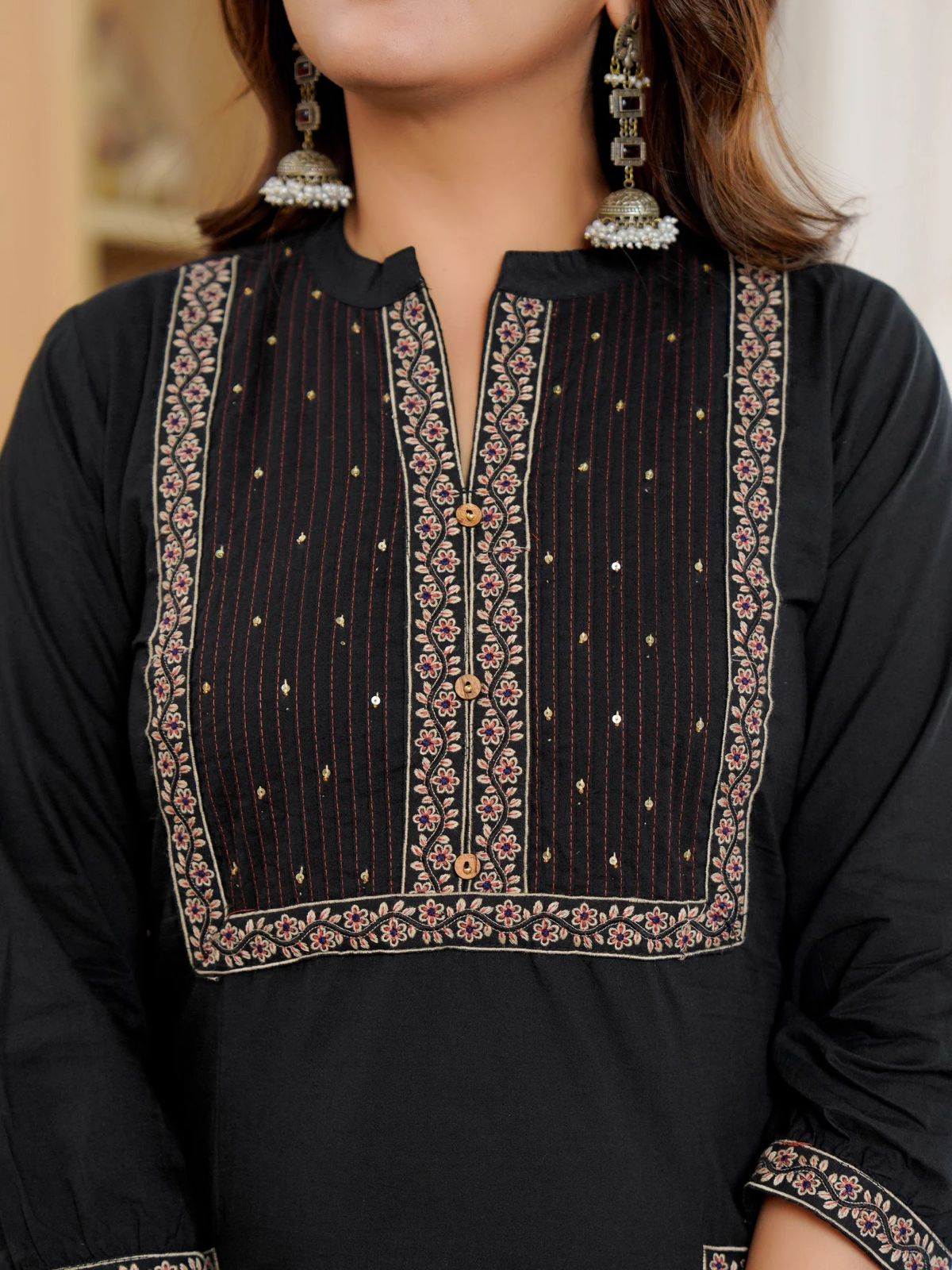 Charcoal Black Elegant Embroidered Cotton Kurta Set with Pocket Details