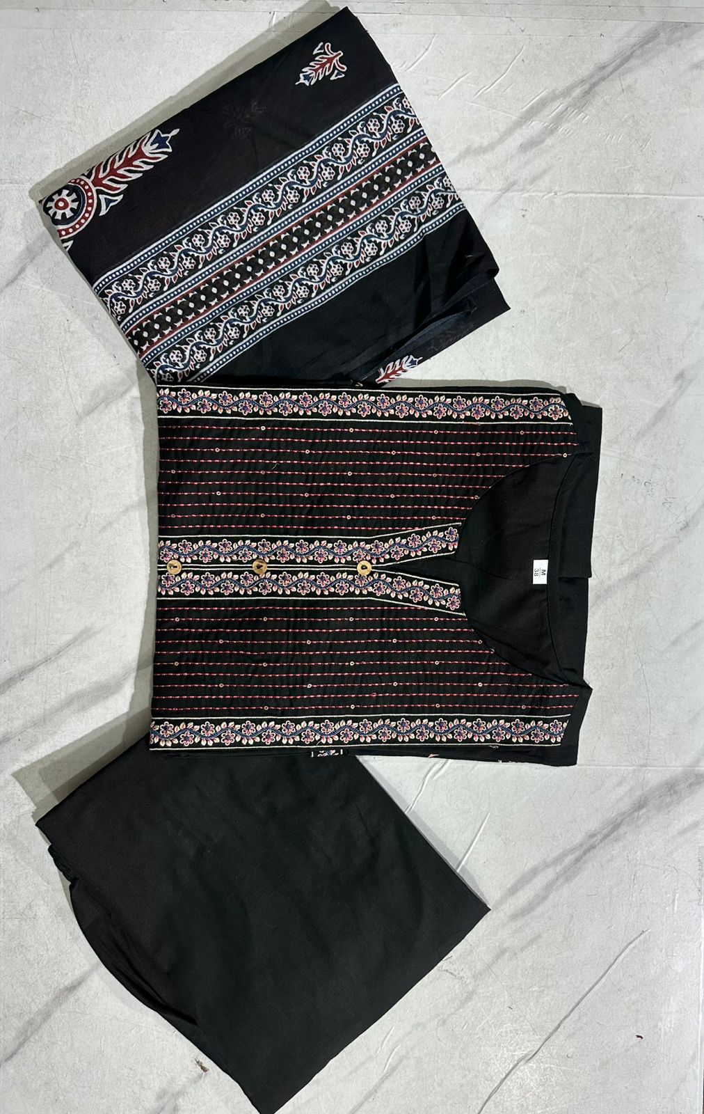 Charcoal Black Elegant Embroidered Cotton Kurta Set with Pocket Details