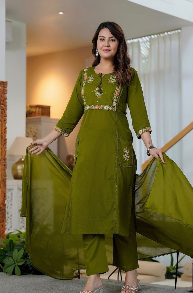 Somya Olive Green Pure Cotton Suit Set with Detailed Embroidered Yoke & Pocket Palazzo