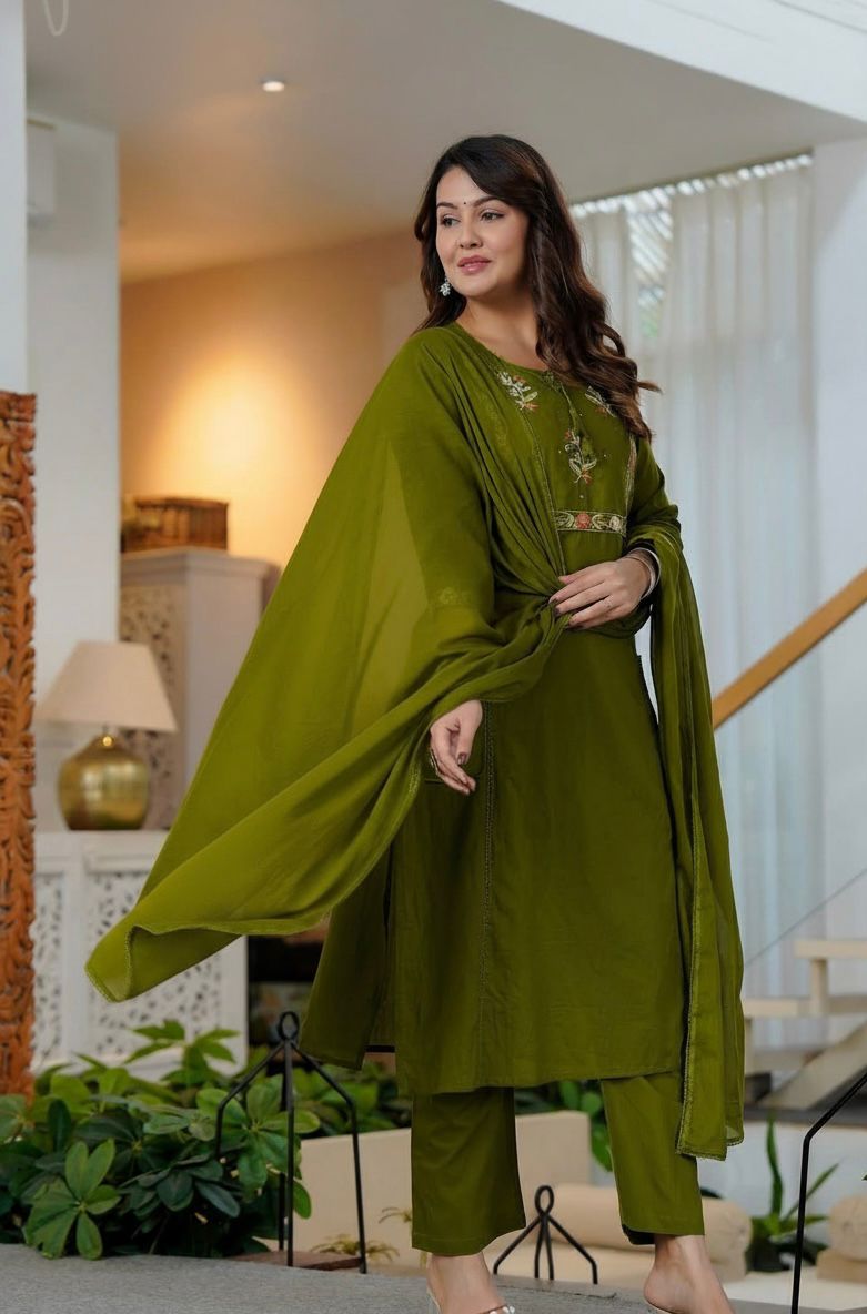 Somya Olive Green Pure Cotton Suit Set with Detailed Embroidered Yoke & Pocket Palazzo