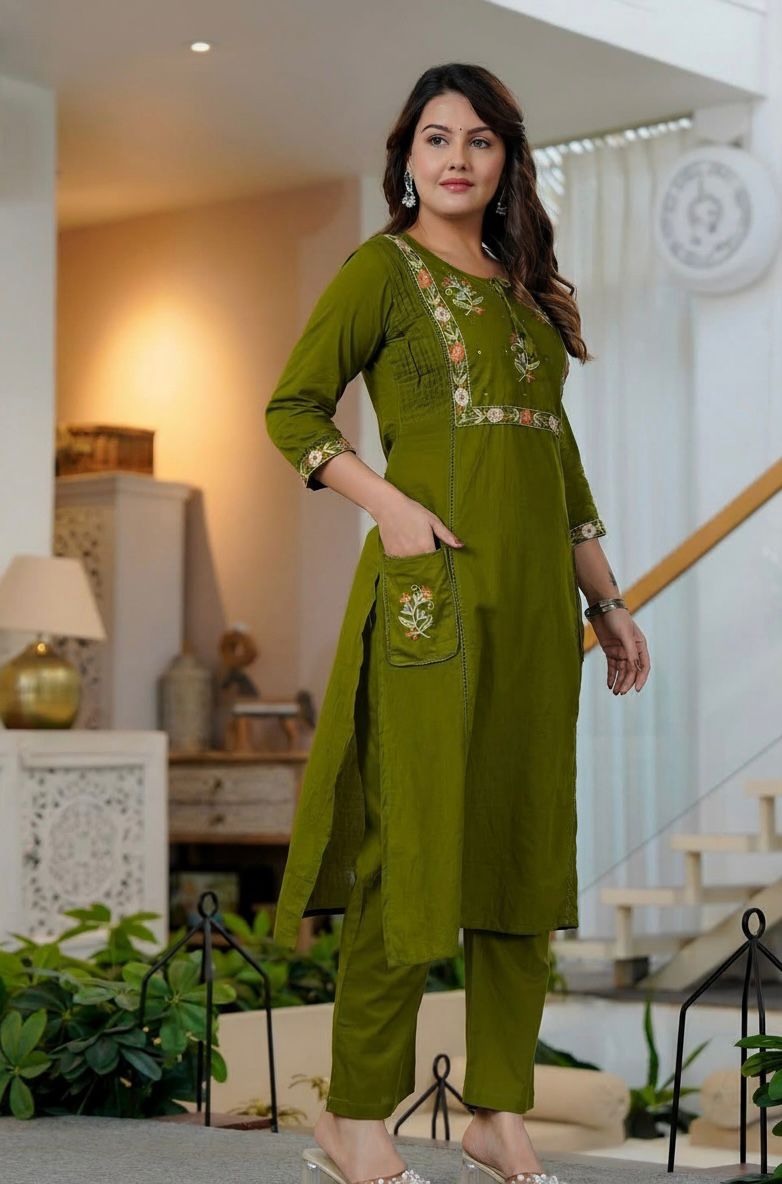 Somya Olive Green Pure Cotton Suit Set with Detailed Embroidered Yoke & Pocket Palazzo
