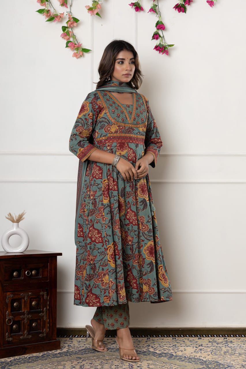 Sea Green Floral Printed Anarkali Suit Set.