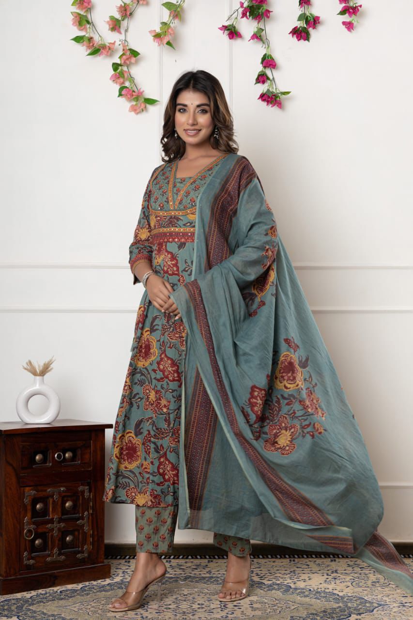 Sea Green Floral Printed Anarkali Suit Set.