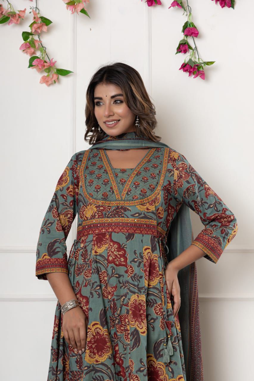 Sea Green Floral Printed Anarkali Suit Set.
