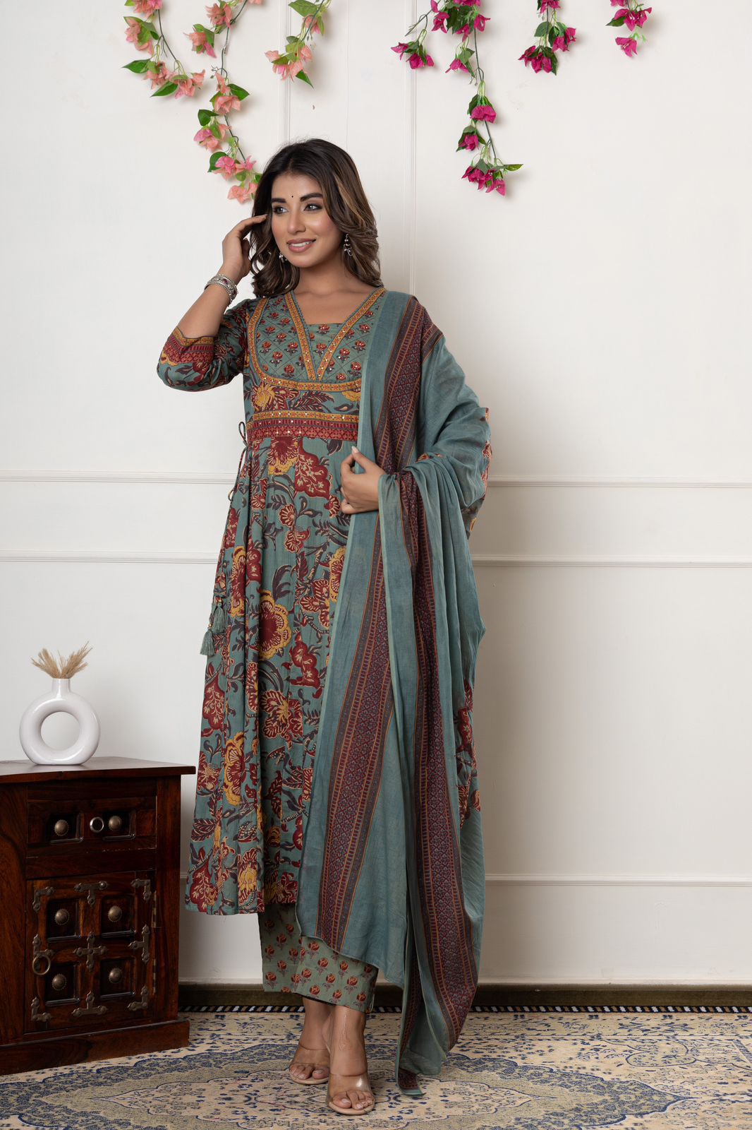 Sea Green Floral Printed Anarkali Suit Set.
