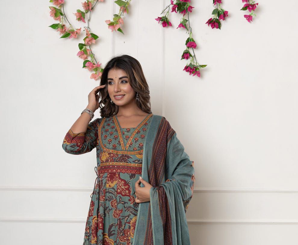 Sea Green Floral Printed Anarkali Suit Set.