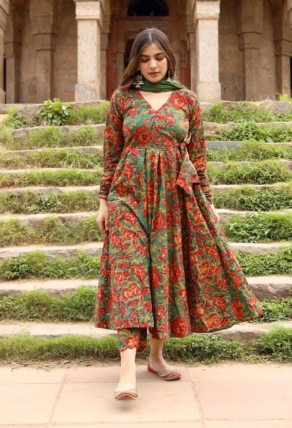 Liza English Green Floral Printed Pure Cotton Anarkali Suit Set
