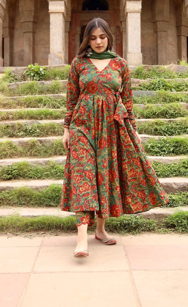 Liza English Green Floral Printed Pure Cotton Anarkali Suit Set