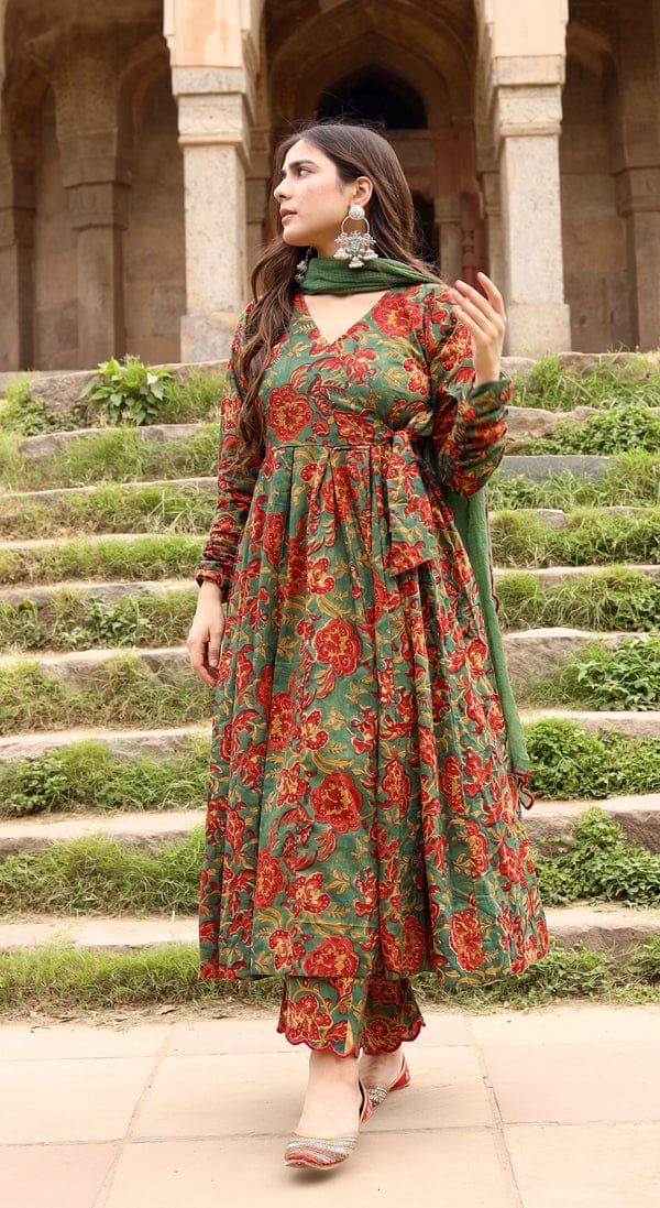 Liza English Green Floral Printed Pure Cotton Anarkali Suit Set