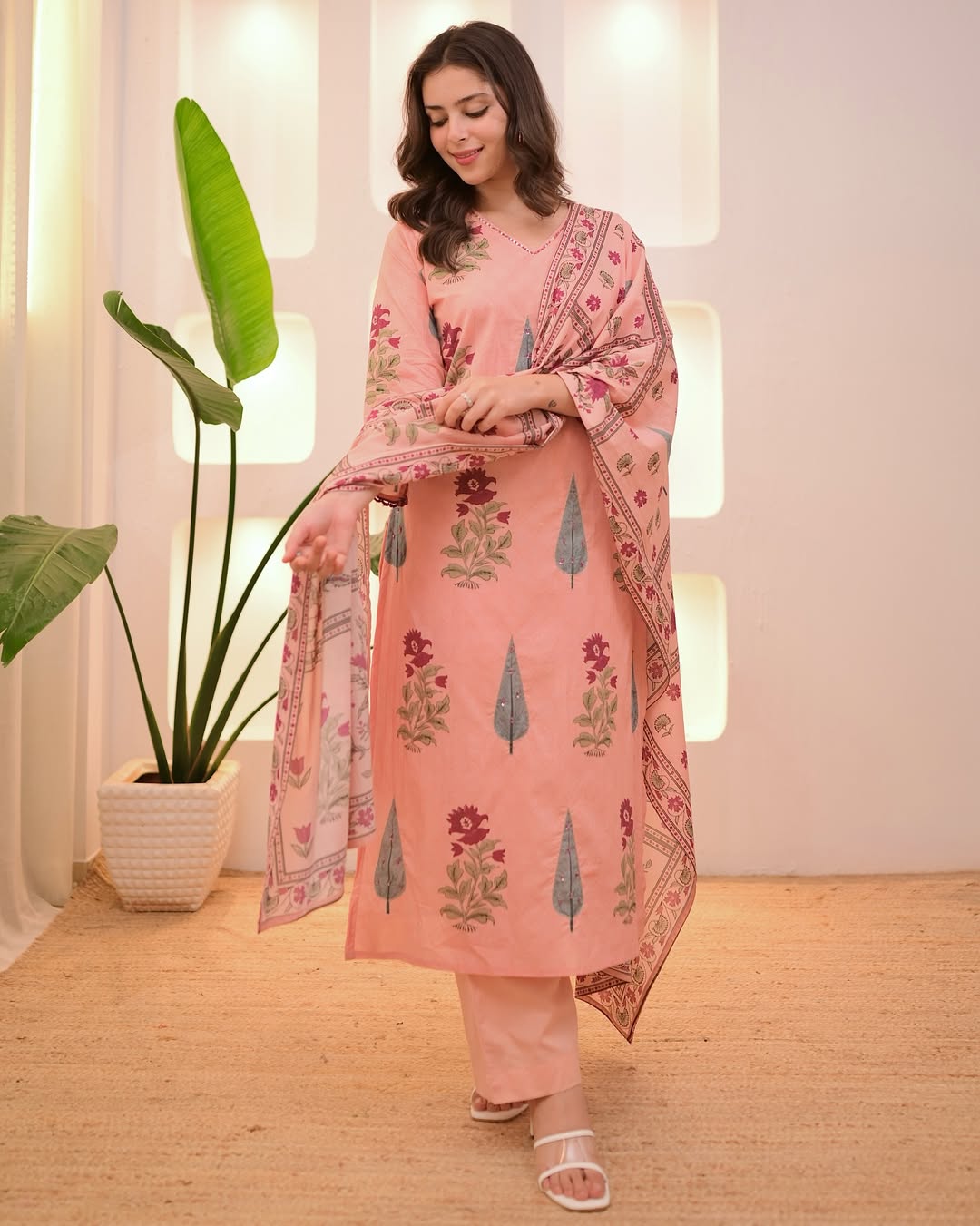 Suhana Blossom Peach Floral Hand-Block Printed Pink Cotton Suit Set