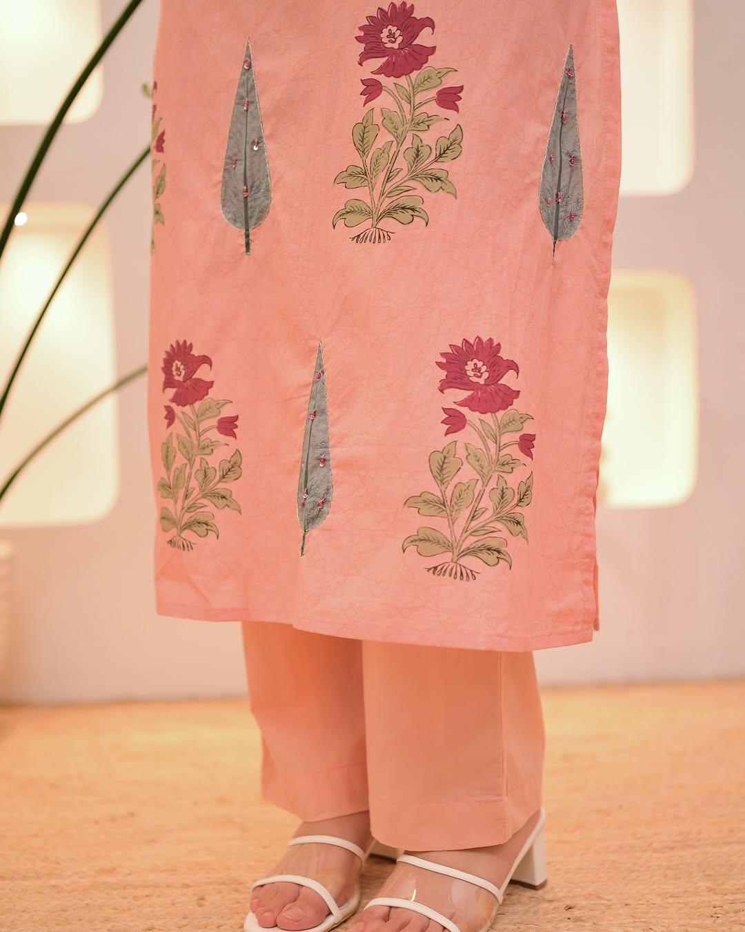 Suhana Blossom Peach Floral Hand-Block Printed Pink Cotton Suit Set