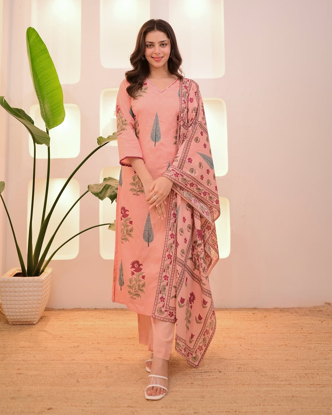 Suhana Blossom Peach Floral Hand-Block Printed Pink Cotton Suit Set