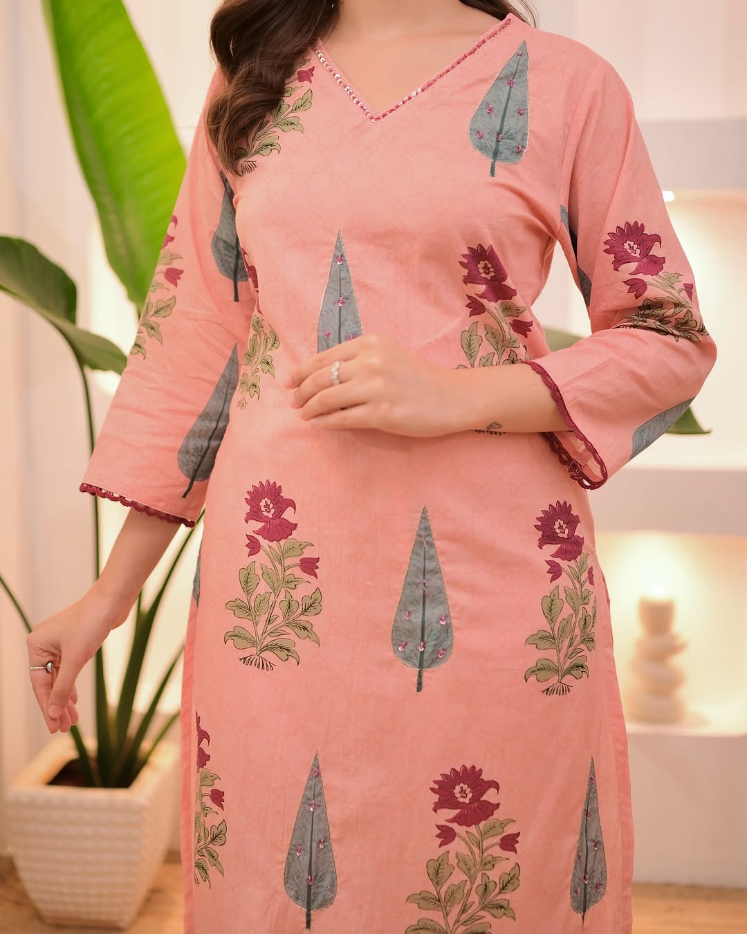 Suhana Blossom Peach Floral Hand-Block Printed Pink Cotton Suit Set