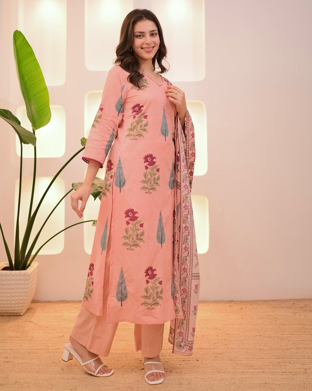 Suhana Blossom Peach Floral Hand-Block Printed Pink Cotton Suit Set